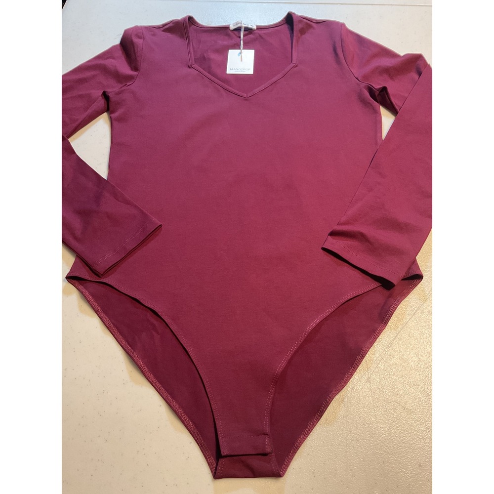 Mangopop Womens Long Sleeve Bodysuit Burgundy Wine‎ Sweetheart Neck XL NWT